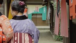 Kimono Wearing Women Walking Away From Camera in Edo Period Village Stock Footage