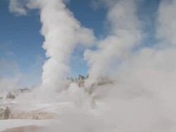 WS Geyser steaming in snowy landscape / Yellowstone National Park, Wyoming, United  Stock Footage