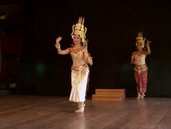 MS Female trio of apsara dancers performing dance on stage / Phnom Penh, Cambodia Stock Footage