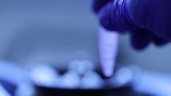 Scientist working on samples with laboratory equipment like micro-centrifuge and tubes, Slow motion Stock Footage