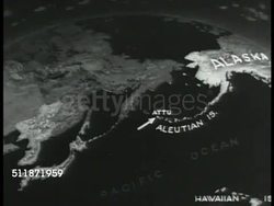 1937: MAP: Alaska map w/ highlighted Aleutian islands.  Attu at tip w/ Japan possessions & mainland Japan highlighted.  USSR & Bering Straights highlighted. Instructional Video