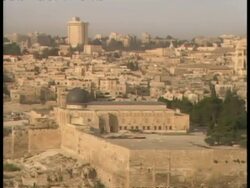 WA 180 degree pan of the old city including city wall and Temple Mount, Jerusalem Stock Footage