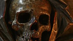 Ancient Scull Sculpture Close-up Tilt Down Stock Footage