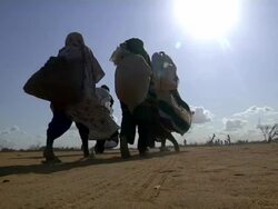 Refugees walking silhouetted by sunlight Stock Footage