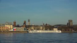 Rhine River, Gross St. Martin's Church and Cologne Cathedral, Cologne, North Rhine-Westphalia, Germany Stock Footage