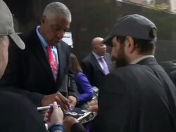 Julius 'The Doctor' Erving, Hall of Fame basketball player promoting his book â€œDr. J- The Autobiography,â€œ exits Good Day New York and signs for fans before getting into his car - Celebrity Sightings in New York, NY on 11/07/13 Stock Footage