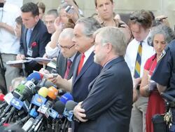 Attorneys Benjamin Brafman and William Taylor with press outside of a Manhattan court Stock Footage