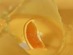 CU SLO MO Orange segment falling into orange juice / Vieux Pont, Normandy, France Stock Footage
