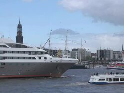 MS Shot of ships on river Elbe at Landungsbrucken at harbour birthday / Hamburg, Germany Stock Footage