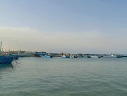 WS PAN View of fishing boat at red sea bay / Hurghada, Red Sea coast, Egypt Stock Footage