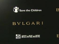 ATMOSPHERE: Signage at the Bulgari Fundraiser Benefitting Save The Children And Artists For Peace & Justice at Beverly Hills CA. (Footage by WireImage Video/GettyImages) Stock Footage