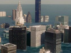 High Angle static - Floodwater splashes just below the top of the Chrysler Building in a computer-generated animation. / New York City, New York, USA Stock Footage