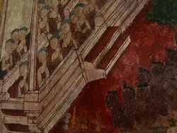 Mural in 18th century inside Buddhist temple of Thailand Stock Footage