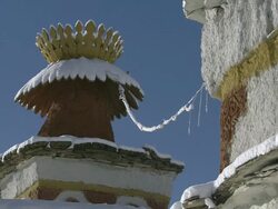 WS View of Traditional homestead covered in snow / Saldang village, High Himalayas, Upper Dolpo near Tibetan border, Nepal  Stock Footage