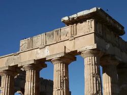 Selinunte, view of the metopes and frieze of temple E, temple of Hera, from the 5th century B.C. Stock Footage