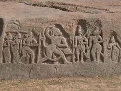 CU Wall carvings at Virupaksha Temple, which is dedicated to the goddess Pampa and her consort Shiva/ Hampi, Karnataka, India Stock Footage