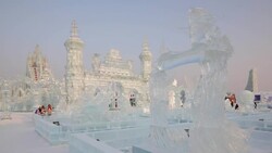 Spectacular illuminated ice sculptures at the Harbin Ice and Snow Festival in Heilongjiang Province, Harbin,  China Stock Footage