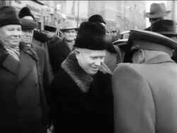 B/W 1961 Nikita Khrushchev shaking hands with East German guard outdoors / Berlin / Germany Stock Footage