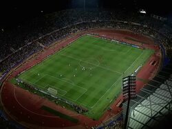 WS AERIAL View of Aerial shot over Royal Bafokeng Stadium during Ghana vs. USA world cup soccer match on 26th June 2010 at night / Rustenburg, North West Province, South Africa Stock Footage