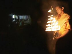 MS Aarti Puja prayer ceremony at Ganges / Varanasi, India Stock Footage