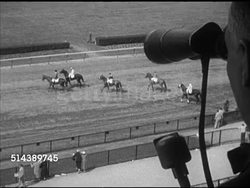 1953: BELMONT PARK: SUBURBAN HANDICAP: LS Track (BEHIND Track announcer Fred Caposela w/ mic & binoculars), horse walking, LS 'Tom Fool' (#1), 'Kiss Me Kate' (2), HA 'One Count' (2b), HA LS Electronic Tote Board, LS Crowd.   [VO Fred Caposela] Instructional Video