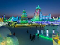 Spectacular illuminated ice sculptures at the Harbin Ice and Snow Festival in Heilongjiang Province, Harbin, China - Time lapse Stock Footage