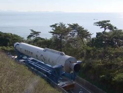 MS View of Naro Korean Space Rocket moving to Launch pad / Goheunggun, Jeollanam-do, South Korea  Stock Footage
