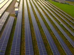 MS AERIAL Shot of solar power plant / Munich, Bavaria, Germany Stock Footage