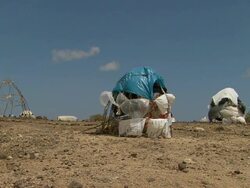 MS Five tents against blue Sky with clouds / Refugee Camp Djibouti, Djibouti Stock Footage