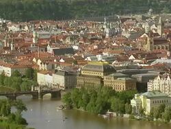 WS AERIAL View of national theatre and bridge over vitava river / Prague, Czech Republic Stock Footage