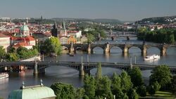 The Charles Bridge spans the River Vltava in Prague. Stock Footage
