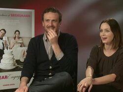 INTERVIEW: Jason Segel & Emily Blunt on swearing in the film, Emily being similar to the character in the film at The Five-Year Engagement Interview at Soho Hotel on June 14, 2012 in London, England (Footage by WireImage Video/Getty Images) Stock Footage