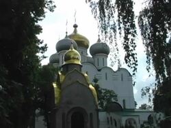 Onion Domes, Orthodox Church Crosses on Roof Through Trees (Russia) Stock Footage