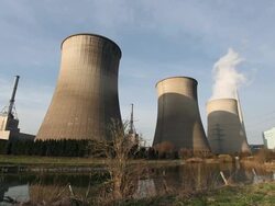 big power plant near the river Stock Footage