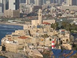 Aerial the old city of Jaffa and the skyline of Tel Aviv, Jaffa, Israel Stock Footage