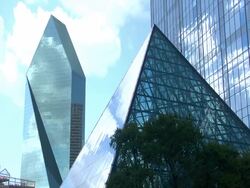 CU, glass pyramid, Fountain Place in background, Dallas, Texas, USA Stock Footage