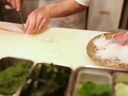 CU R/F Shot of chef preparing fish and Japanese food in restaurant / Tokyo, Kanto, Japan Stock Footage