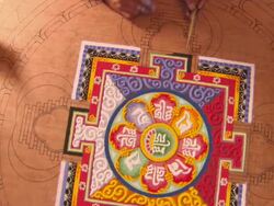 MS ZI Tow monk filling in outline of Buddhist mandala sand painting  / Kathmandu, Central, Nepal Stock Footage