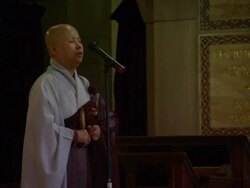 MS Monk singing with wooden percussion instrument / New York City, New York, USA Stock Footage