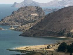 Coastal road to Copacabana, Bolivia, on Lake Titicaca [Lago Chucito] Stock Footage