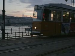 Short pan as 2 Tram travels north to south in Budapest Stock Footage