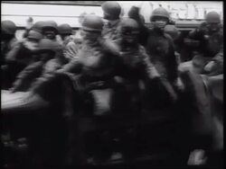 B/W 1961 PAN waving US soldiers riding truck thru waving crowd / Berlin, Germany / newsreel Stock Footage