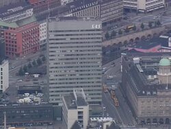 WS AERIAL View of SAS Radisson Hotel designed by Arne Jacobsen / Copenhagen, Denmark Stock Footage