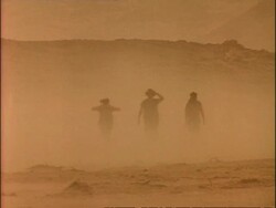 MS 3 silhouetted people walking through desert in sand storm, to camera, Algeria, Africa Stock Footage