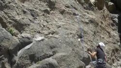A woman belaying a man while rock climbing. Stock Footage