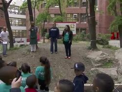 SPEECH: Kelly Meyer at American Heart Association Teaching Gardens Planting in Harlem Stock Footage