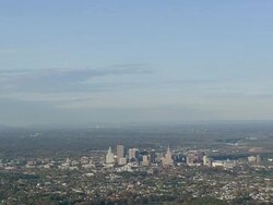 MS AERIAL ZI ZO PAN View of Hartford city in distance / Connecticut, United States Stock Footage
