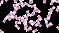 Euro banknotes fall against a black surface changing to white silhouettes. Stock Footage