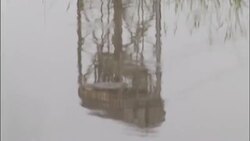 A rain puddle reflects the image of a water tower. Stock Footage