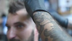 brutal barber scissors mows bearded hipster Stock Footage